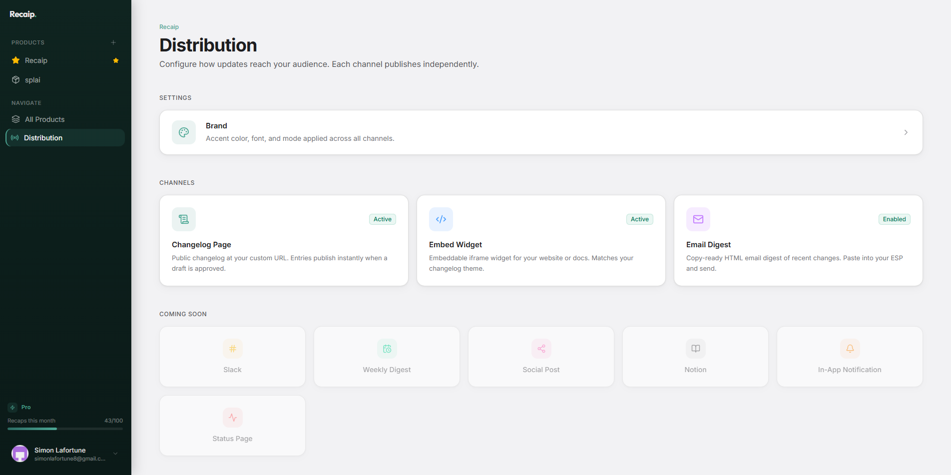 Recaip distribution page with changelog, widget, email, and more channels
